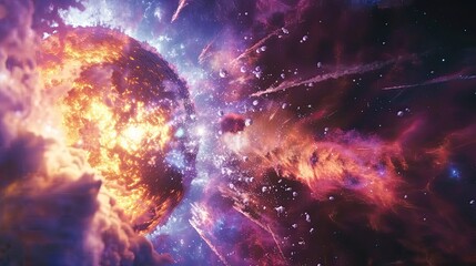 Fototapeta premium A vivid depiction of the Big Bang event merging into the formation of a galaxy using an array of deep space colors and cosmic elements