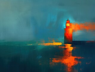 An abstract interpretation of a lighthouse glowing under a twilight sky