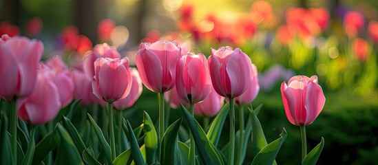A field of pink tulips basking in the sunlight, their vibrant petals standing out against the green leaves. The flowers are fully bloomed, showcasing their colorful beauty under the bright sun.