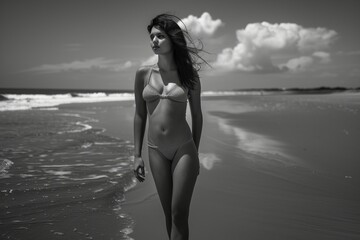 Obraz premium Black and white photo of beautiful girl in swimsuit, girl on the beach seaside