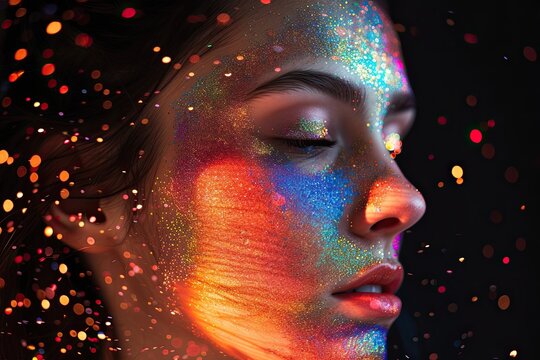 Conjure an eye-catching illustration of a glitter explosion infused with a captivating display of rainbow colors