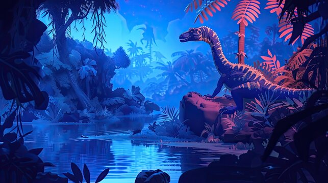 Depict an intricate Jurassic-era lakeside scene where lizards bask in the glow of prehistoric flora for an illustrators masterpiece