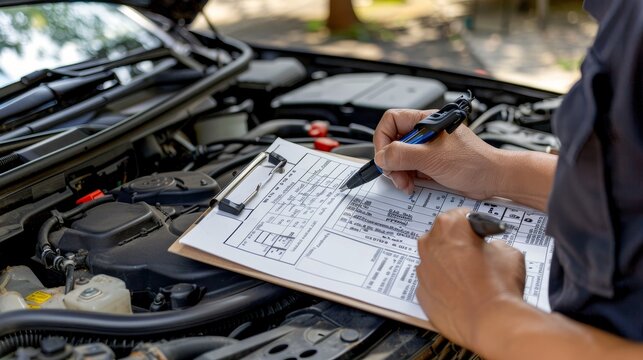 Mechanic checklist on clipboard for car insurance inspection in garage workshop, auto service check