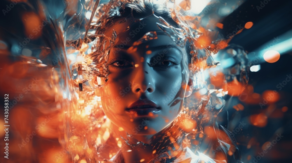 Poster Generative AI Digitally altered photographs creating an abstract collage-style background. around a woman's face