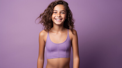 Smiling Young Girl in Solid Lavender: Studio Shot
