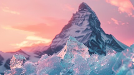 Visualize a backdrop of a mountain peak with a cluster of ice cubes melting slowly under the glow of a soft setting sun showcasing a unique almost surreal blend of warm and cool tones