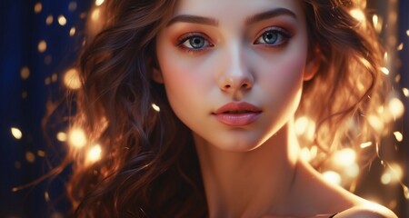 Fototapeta premium Craft a visually stunning image of a luminous young woman surrounded by soft, diffused light, accentuating the delicate features of her face, the gleam in her eyes-Ai Generative