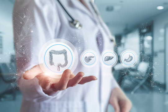 Doctor shows the digestive system in the form of icons .
