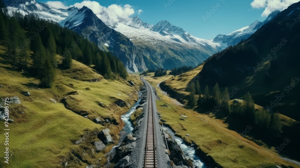 Poster generative ai drone footage of a railway line hugging the contours of rugged peaks, illustrating the