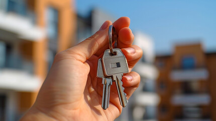 Holding house keys in front of a home. - 743058789