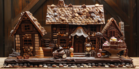 house made of chocolate with various sweets and chocolate