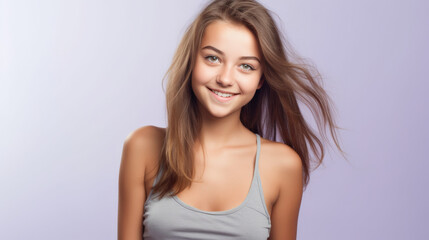 Studio Portrait: Young Girl in Lavender Swimwear with Joyful Expression
