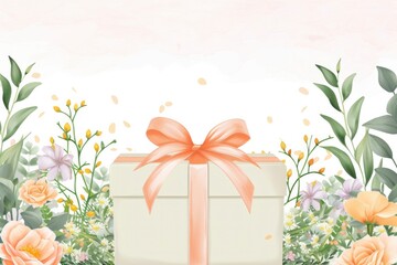 Illustrated Gift Box with Orange Ribbon and Springtime Floral Arrangement.