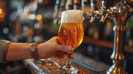 Barman serves glass of cold beer at bar counter in pub - 743060168