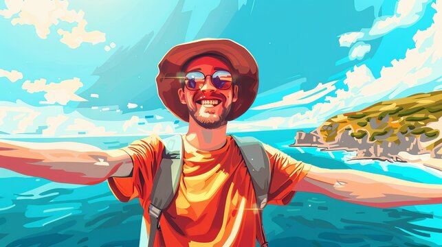 Illustration of a happy young guy taking a selfie on the background of the sea