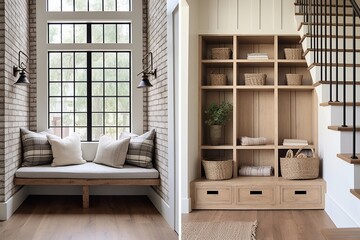 Modern Farmhouse Entryway Designs: Grid Pattern Storage Wooden Board Inspiration