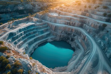 Vast Mining Quarry with Spiraling Roads and Luminous Water Basin.