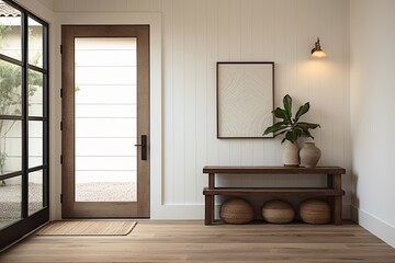 Fototapeta na wymiar Minimalist White Door Slab Entry: Modern Farmhouse Entryway Designs