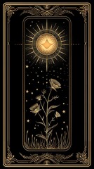 Abstract fantasy tarot card with stunning display of delicate flowers and vibrant leaves, framed in a rich black background, evoking a sense of artistic beauty and natural serenity.