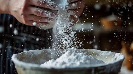 Close-up of male hands sprinkling flour in the kitchen. A close-up image of a baker's hands pouring sugar into a mixing bowl, capturing the dynamic movement and the texture of falling sugar.