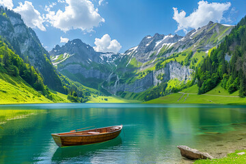 Beautiful view of See alp see mountain lake and boat in Alpstein mountain range on summer at...