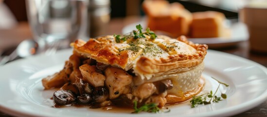 A white plate holds a freshly baked chicken and mushroom pastry covered in toppings. The pastry is golden brown and flaky, with visible chunks of chicken and mushrooms. The toppings include a savory