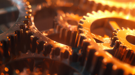 A close-up of interlocking metal gears illuminated in a warm, golden light, symbolizing precision...