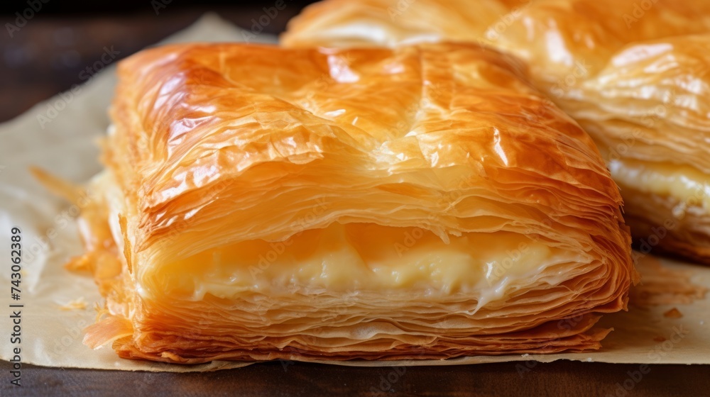 Poster generative ai flaky and buttery puff pastry, layers visible, showcasing the process of laminating an