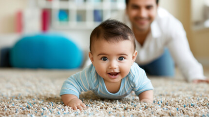 Happy young father helping his cute baby to crawl on floor at home - 743062320