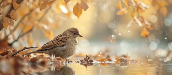 A brown migratory bird sits on a branch in the rain, surrounded by autumn nature. The water reflects the colors of the season as the bird calmly perches.