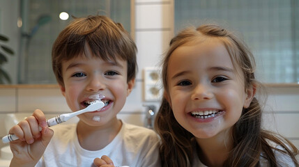 Little girl and boy brushing teeth. - 743062744