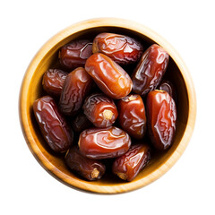 Fresh dates fruits in wooden bowl isolated on transparent background. Top view.