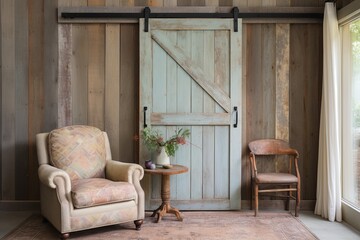 Fototapeta na wymiar Pastel Armchair Oasis: Rustic Barn Door Home Interiors