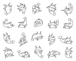 Cute kawaii catfish in different poses. Coloring Page. Funny cartoon aquatic animal character. Hand drawn style. Vector drawing. Collection of design elements.