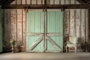 Rustic Mint Green Wall with Contrasting Wooden Barn Door Home Interiors