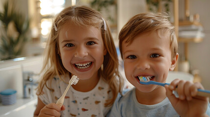 Little girl and boy brushing teeth. - 743063126