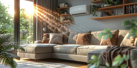 A Sleek Wall-Mounted Air Conditioner Effortlessly Cools a Sunlit Room Displaying 23°C, Ensuring Comfort and Freshness,, Generative AI