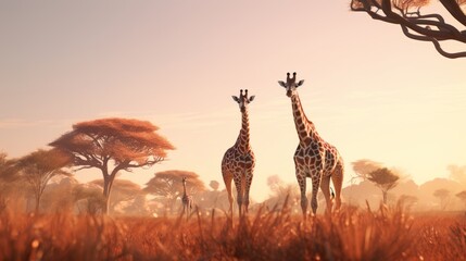 Generative AI Graceful giraffes roaming across the savanna.