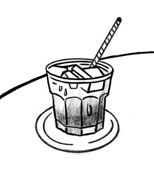 Ilustraci&oacute;n con fondo transparente de caf&eacute; fr&iacute;o con popote o pajita, con hielos.