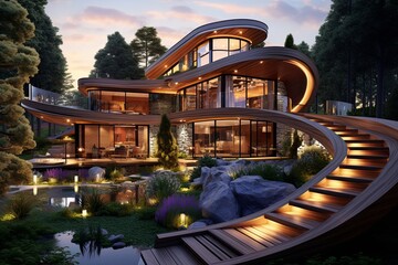 Contemporary Eco-Friendly House Design Featuring Sustainable Organic Materials - obrazy, fototapety, plakaty