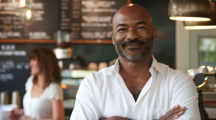 Fototapeta premium A confident entrepreneur with crossed arms stands in his cafe, with a barista working in the background.