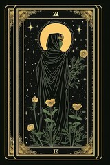 Abstract fantasy tarot card with stunning display of delicate flowers and vibrant leaves, framed in a rich black background, evoking a sense of artistic beauty and natural serenity.