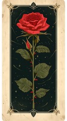 Abstract fantasy tarot card with stunning display of delicate flowers and vibrant leaves, framed in a rich black background, evoking a sense of artistic beauty and natural serenity.