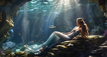 Create an ultra-realistic depiction of a mermaid lounging on a sunlit rock in a serene underwater grotto, showcasing intricate details of her shimmering scales, flowing hair-Ai Generative