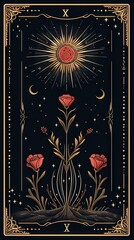 Abstract fantasy tarot card with stunning display of delicate flowers and vibrant leaves, framed in a rich black background, evoking a sense of artistic beauty and natural serenity.