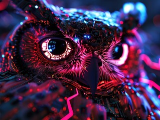 Neon lit cybernetic owl close up on intricate circuitry and holographic eyes in the dark
