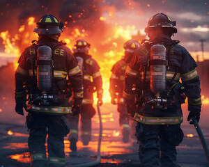 Fototapeta premium Rear view of firefighter team in formation ready to charge into the flames unity and power