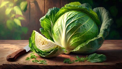 cabbage on a wooden board - obrazy, fototapety, plakaty