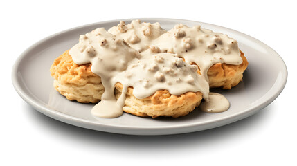 American biscuits covered with thick white sausage gravy
