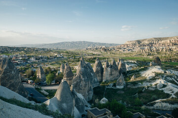 Aerial top down view of Goreme, an old town along the Goreme National Park in Cappadocia